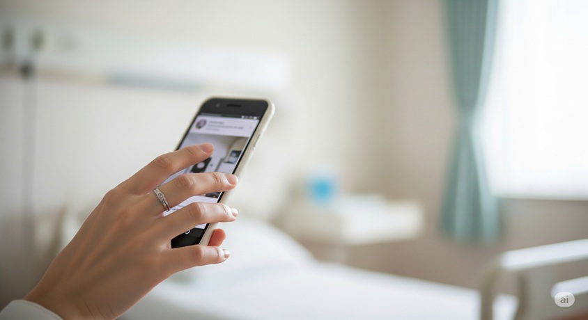 病院のベッドに横たわる女性が、スマートフォンを操作している手元のアップ画像です。画面には何らかのコンテンツが表示されています。