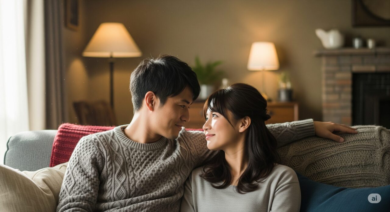ソファに座る若い男女がお互いに見つめ合っている様子です。