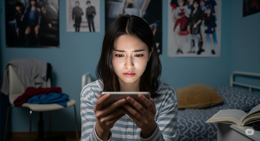 若い女性が夜の部屋でスマートフォンを真剣に見ている様子です。