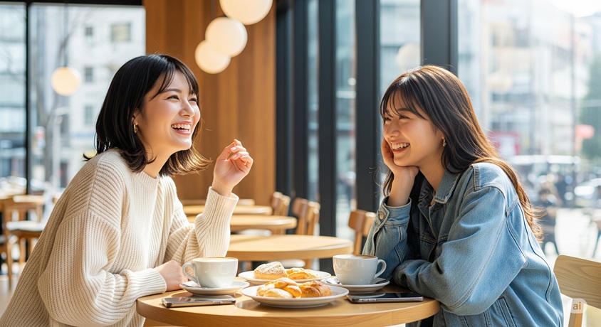カフェでおしゃべりしながら笑っている女性二人の姿です。