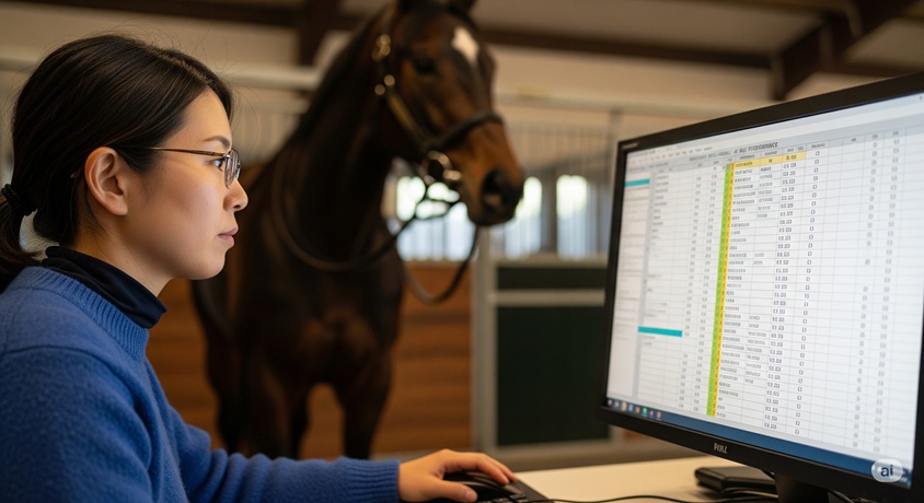 馬房を背景に、競馬のデータをパソコンで分析する女性。