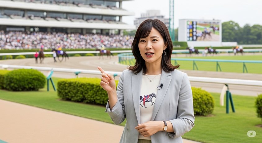 競馬場の芝生の上で、観客席を背に指をさしながら話す女性。