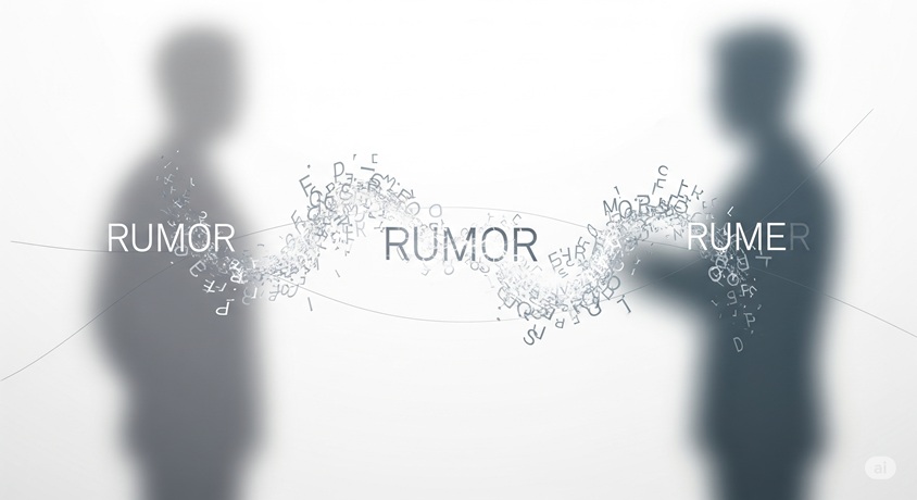 2人の人物のシルエットと「RUMOR」という文字で構成された、噂や憶測を表現した抽象的な画像。
