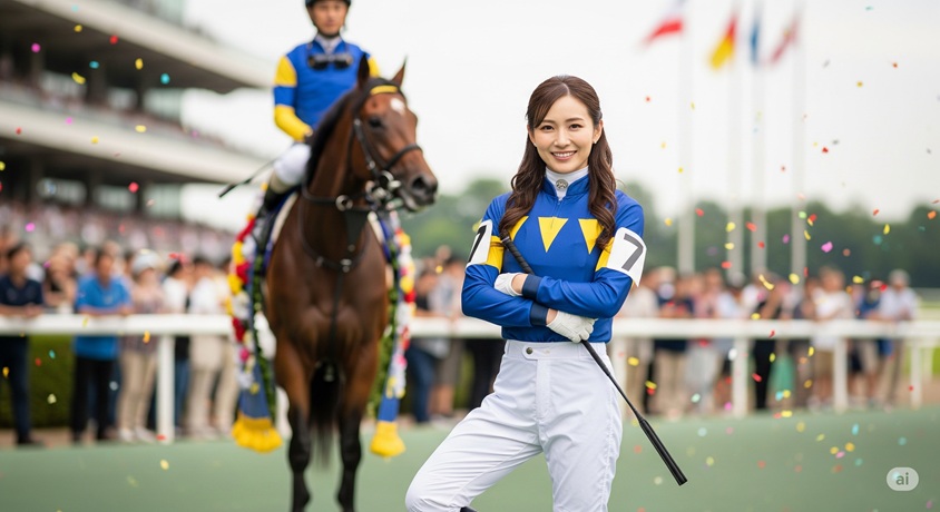 競馬場でジョッキーの衣装を身に着け、笑顔で立つ女性。背景には、馬に乗ったジョッキーが祝福されている様子が見えます。