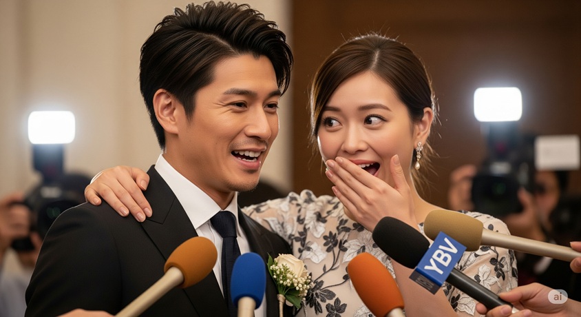 結婚記者会見で笑顔を見せるタキシード姿の男性と、口元に手を当てて驚いた表情の女性が並んでおります。多数の報道陣向けマイクが向けられている様子です。