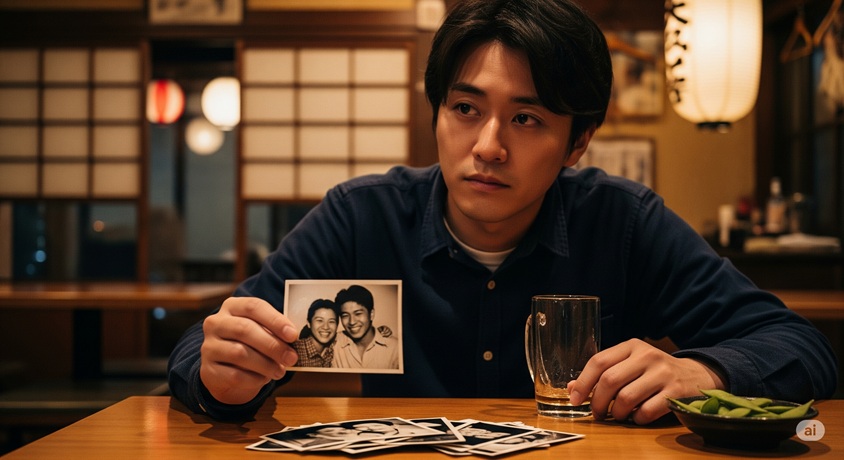 居酒屋でビールジョッキを前に座る男性の姿です。男性は、懐かしそうな表情でモノクロの写真を手に持っています。テーブルの上には、複数の写真が散らばっております。