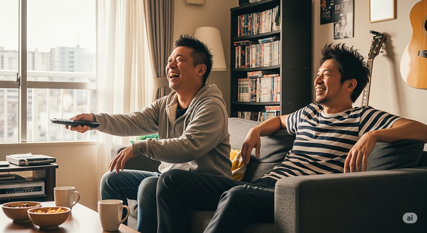 居間のソファに座ってテレビを見ている2人の男性が、顔をくしゃくしゃにして笑っている写真です。左の男性がリモコンを持っており、手前にはコーヒーカップやスナック菓子が入ったボウルが置かれています。