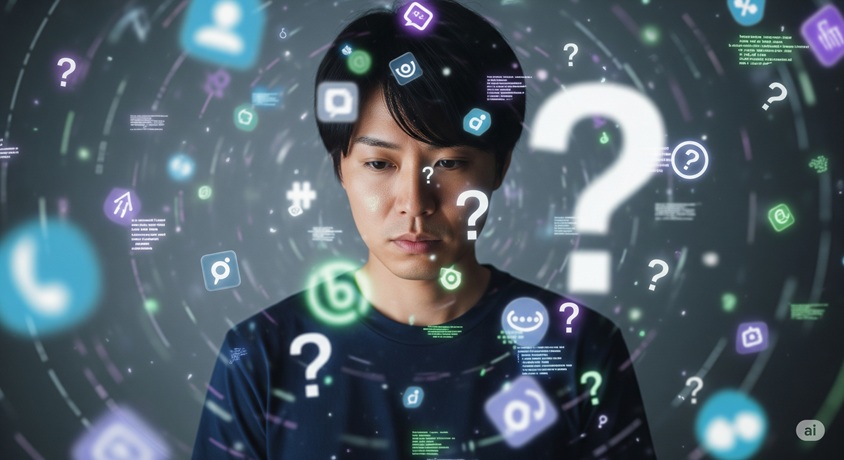 暗い背景の中に浮かび上がる男性の上半身の様子です。男性の周りには、SNSのアイコンやクエスチョンマークが散らばっています。男性は、少し困ったような表情で下方を見つめています。