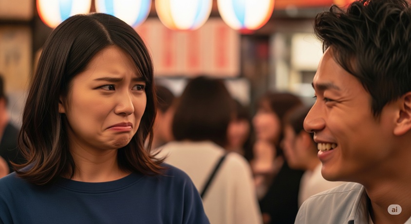 居酒屋のような賑やかな場所で、男性が笑顔で女性に話しかけている一方で、女性が嫌悪感に満ちた表情で男性を見ている様子です。