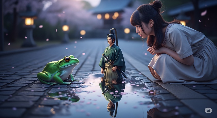 伝統的な日本の庭園で、若い女性がしゃがんでカエルを見ています。水たまりに映るカエルの反射は、立派な日本の王子様の姿になっています。