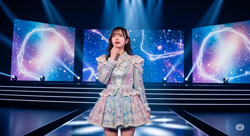 ライブステージで、星や宇宙を連想させる背景の前で、考え事をしているような表情のアイドル姿の女性の画像です。
