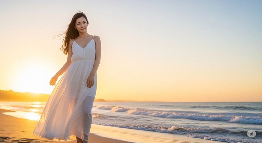 夕暮れ時の砂浜で、白いワンピースを着て海の方を向いている女性の画像です。
