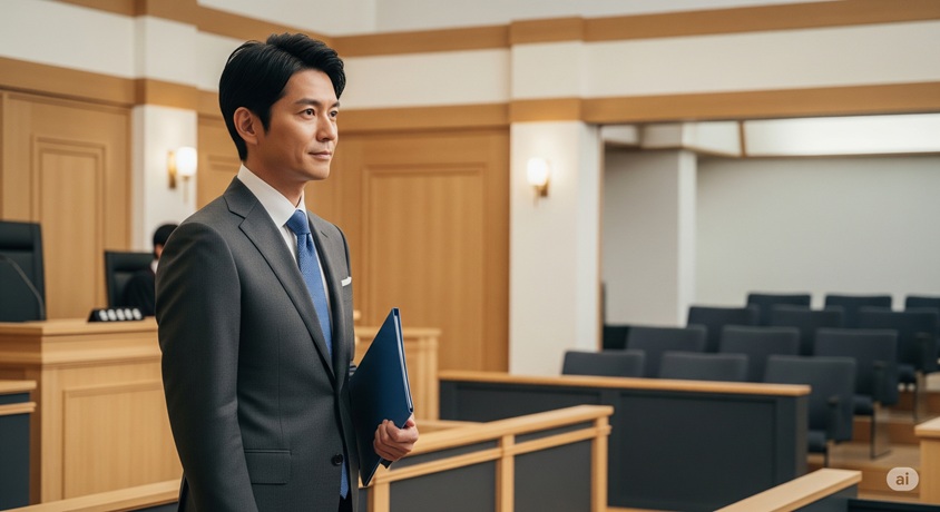 裁判所のような場所で、真剣な面持ちで立つ男性の姿です。青いバインダーを抱えており、落ち着いた雰囲気を感じさせます。