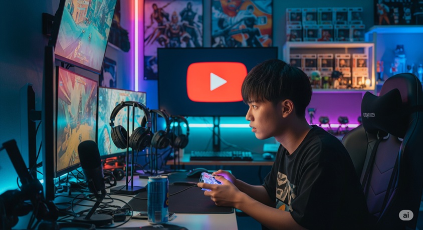 ゲーム部屋で、モニターを複数設置してゲームをしている若者の姿です。ヘッドホンも複数あり、YouTubeのロゴが表示された画面も見えます。