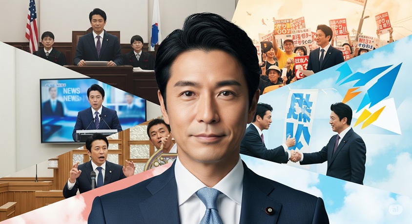 複数の異なるシーンがコラージュされた画像で、中心には真剣な表情の男性のアップがあります。その周りには、ニュース番組に出演したり、選挙活動をしたりしている場面が組み合わされています。