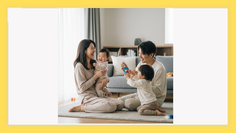 リビングで2人の子供と遊ぶ仲良しな夫婦