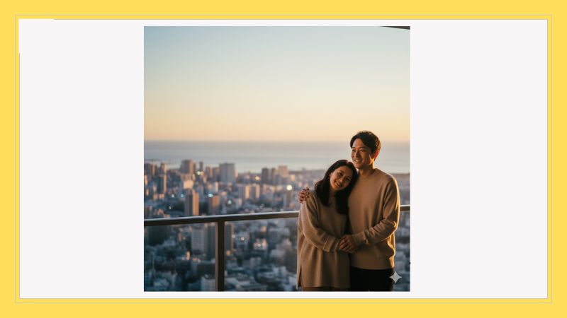 夕景の街を背景に寄り添う理想の夫婦