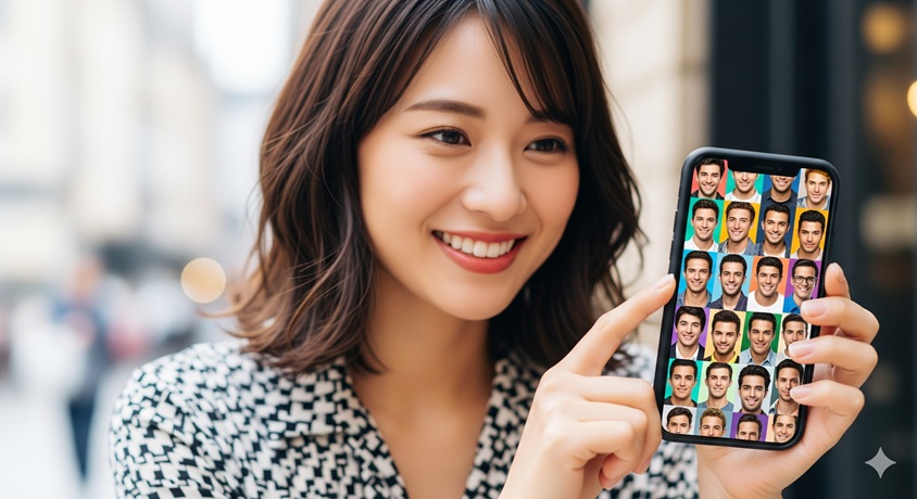 マッチングアプリの画面にたくさんの男性の顔が表示されたスマートフォンを指さして笑顔を見せる日本人女性。