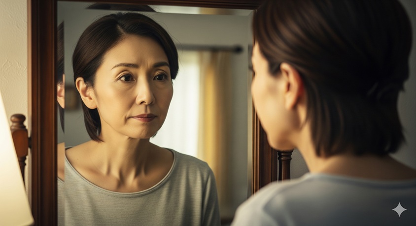 "鏡に映る自分の姿を見つめる女性。痩せたことによる顔つきの変化を憂いている様子を表現している。"