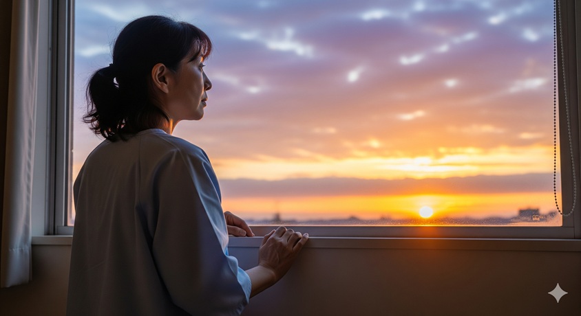 "病院の一室で窓の外を眺める女性。壮絶な闘病とリハビリ生活の中、回復への希望を抱いている力強い姿をイメージしている。"