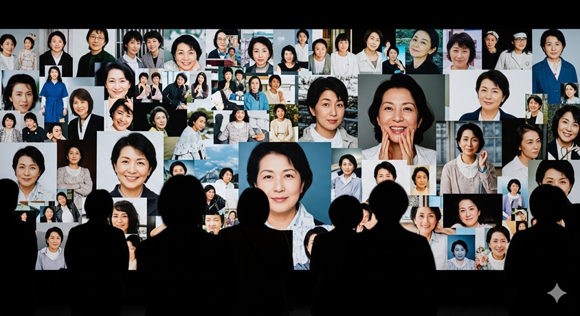 一人の女性の様々な年代の顔写真が映し出されたスクリーンを、大勢のシルエットが見つめているイメージ画像。世間の注目を表現している。"