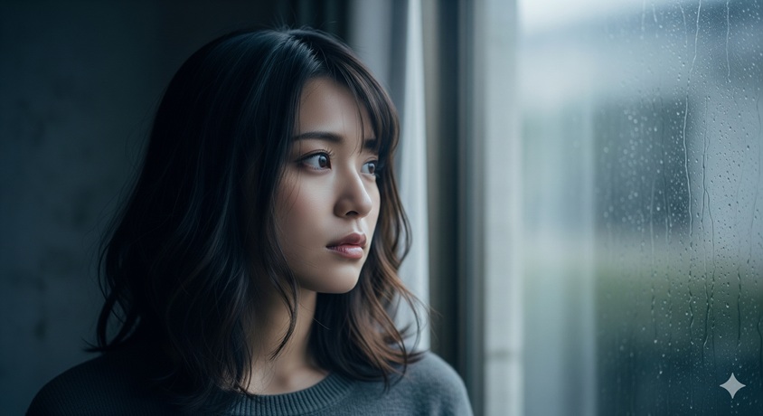 "窓の外を心配そうに見つめている女性"