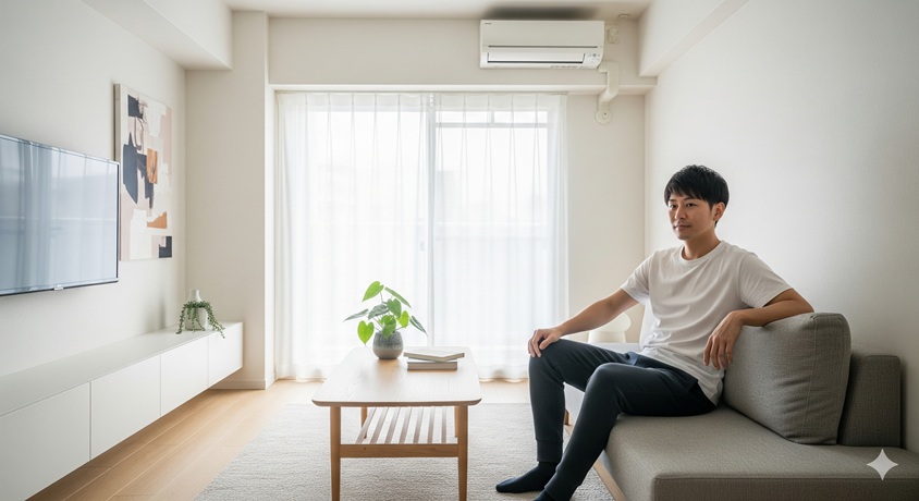 "清潔なアパートのリビングでソファに座ってくつろいでいる男性"