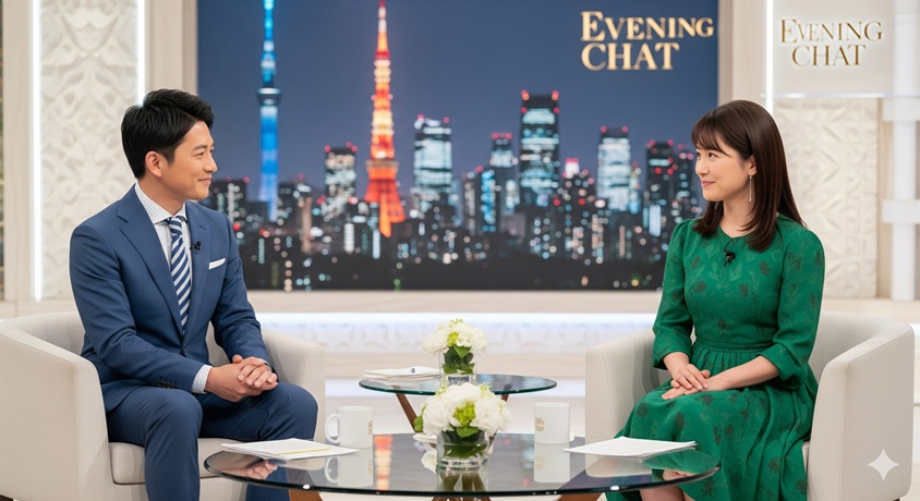 "テレビ番組のセットで向かい合って話している男女"