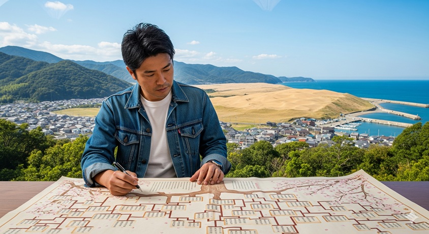 鳥取砂丘と海を背景に、大きな家系図を真剣な表情で見ている若い男性です。