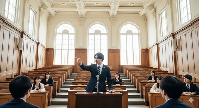 広々とした講義室で、学生たちが聴衆として座っている前で、自信に満ちた表情で議論に参加している男性です。