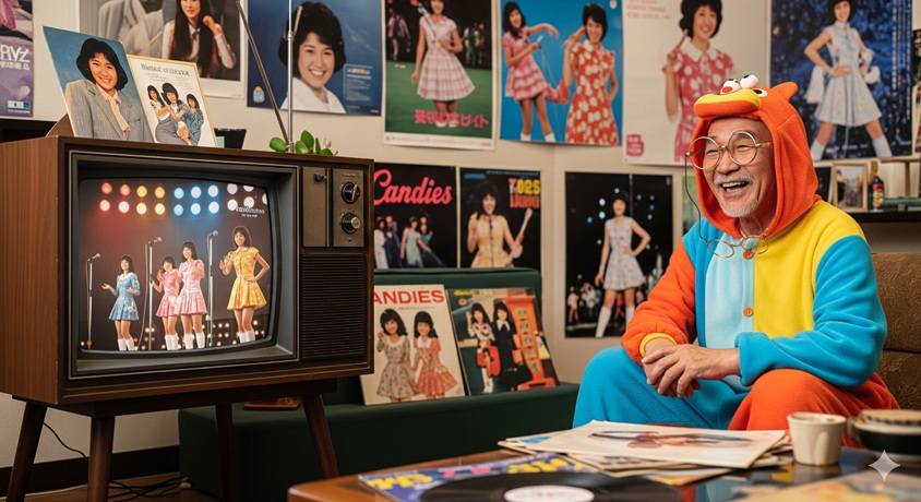 古いテレビでアイドルグループのコンサート映像を見て、楽しそうに笑っている男性です。部屋にはアイドルのポスターがたくさん貼られています。
画像4