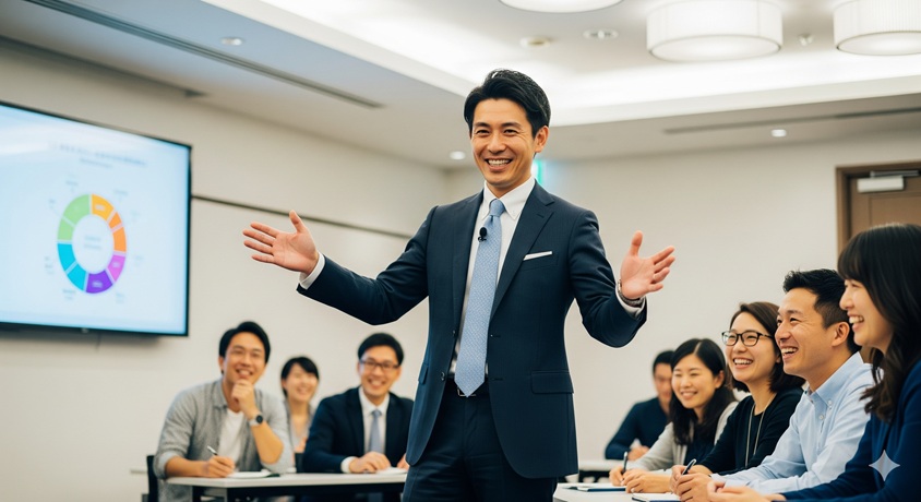 プレゼンテーションを行うビジネスパーソンと、熱心に耳を傾ける聴衆