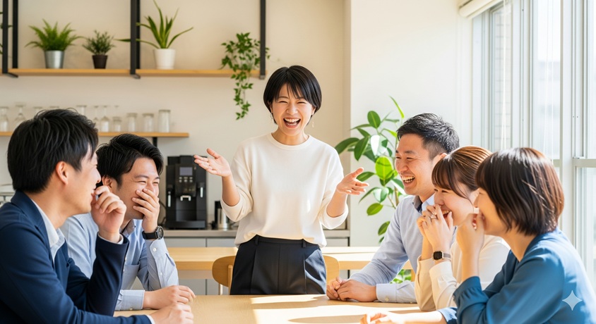 会議室で楽しそうに笑い合うビジネスパーソンたち