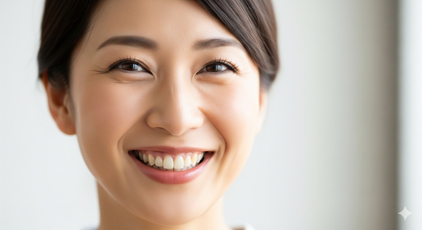 笑顔でカメラを見つめる日本人女性のクローズアップ。