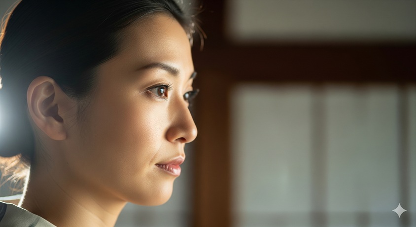 静かで思慮深い表情の高市早苗さんの横顔です。彼女のプライベートな側面や内面の強さを連想させます。