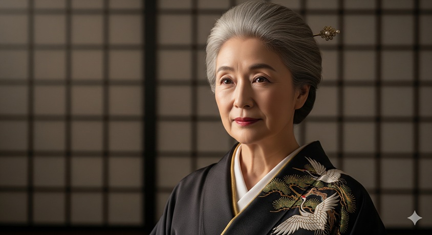 落ち着いた雰囲気で和装をしている高市早苗さんの肖像です。これまでの経歴や人物像を総括するような、威厳と知性を感じさせます。
