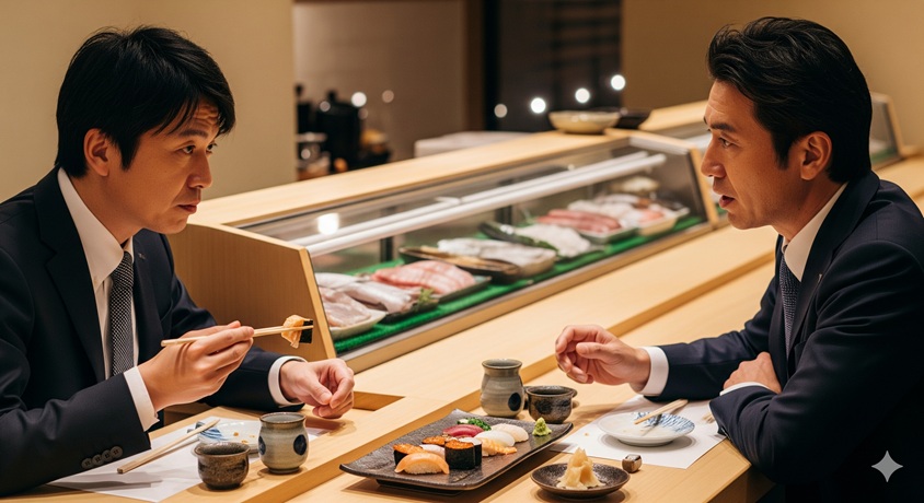 "高級寿司屋のカウンター席で、スーツを着た二人の日本人男性が寿司を食べながら真剣な表情で会話している場面。"