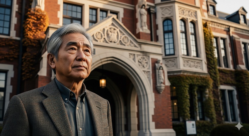 "歴史ある大学の校舎を背景に、知的で思慮深い表情を浮かべてたたずむ、ジャーナリスト風の年配日本人男性。"