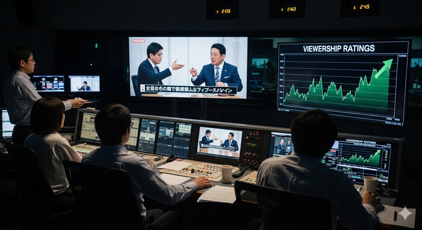 "テレビ番組のコントロールルーム。モニターには討論番組と上昇する視聴率のグラフが映し出されている。"