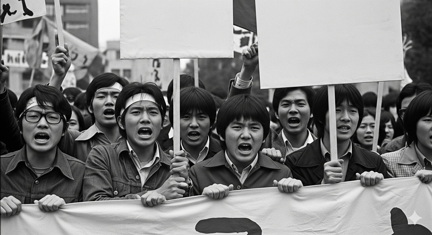"1970年代の学生運動の様子。若い学生たちが情熱的な表情で横断幕やプラカードを掲げている白黒写真。"