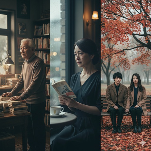 大人が読むべき切ない恋愛小説の名作をイメージした3枚の写真。書斎に立つ年配の男性、カフェで涙ぐみながら本を読む女性、秋の公園のベンチに座る若いカップル。