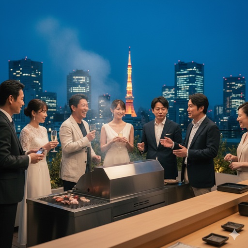 屋上でのBBQパーティーを楽しむ6人の日本人男女。夜景には東京タワーが見える。