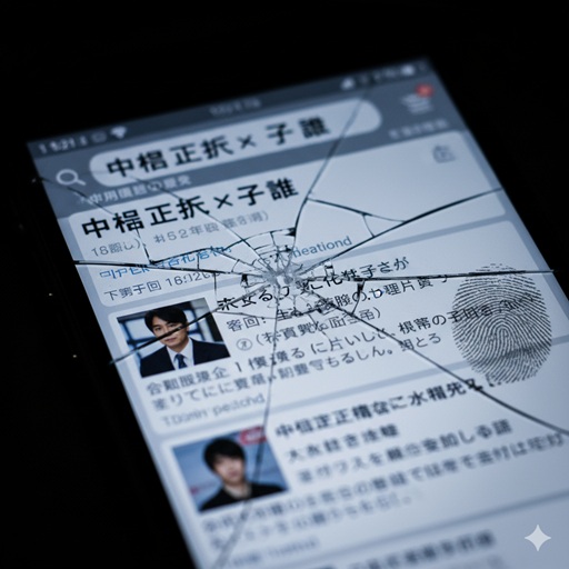 画面が割れたスマートフォンのクローズアップ。検索結果には「中居正広 ×子 誰」と表示されている。