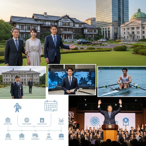 政治家と家族、ボート部時代、経済安保、選挙集会など小林鷹之氏の華麗なる経歴を示すコラージュ画像。