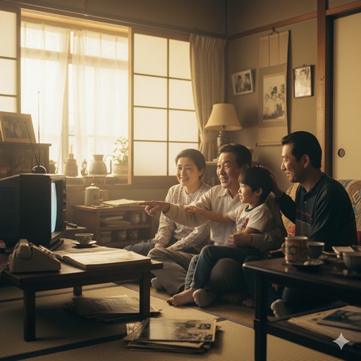 和室で古いテレビを囲んで座る日本の家族。祖父母、両親、子供が笑顔でテレビを見ている。