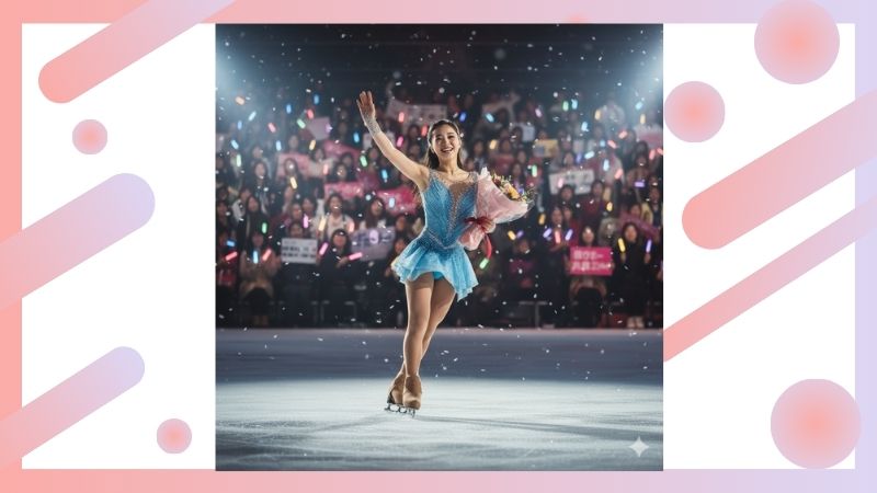 　- 氷上で華やかなメイクと衣装で演技する日本の女性フィギュアスケーター。観客席には多くのファンが見守る。