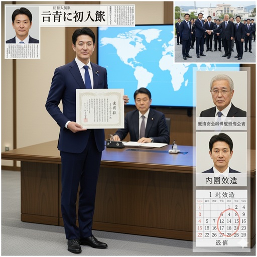 小林鷹之氏が大臣に就任した際の画像を中心に、内閣改造による退任と経済安全保障推進法の功績を示すコラージュ。