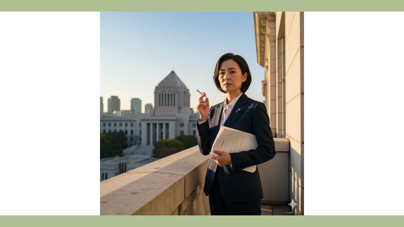 国会議事堂を背景に、書類を抱え、タバコを吸う女性政治家（高市早苗氏を想起）。記事のテーマと政治的権威性を示す。