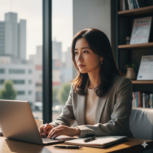 日中のオフィスでノートパソコンに向かうビジネスウーマンの横顔