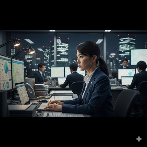 夜のオフィスで複数のモニターとノートパソコンを操作するビジネスウーマン